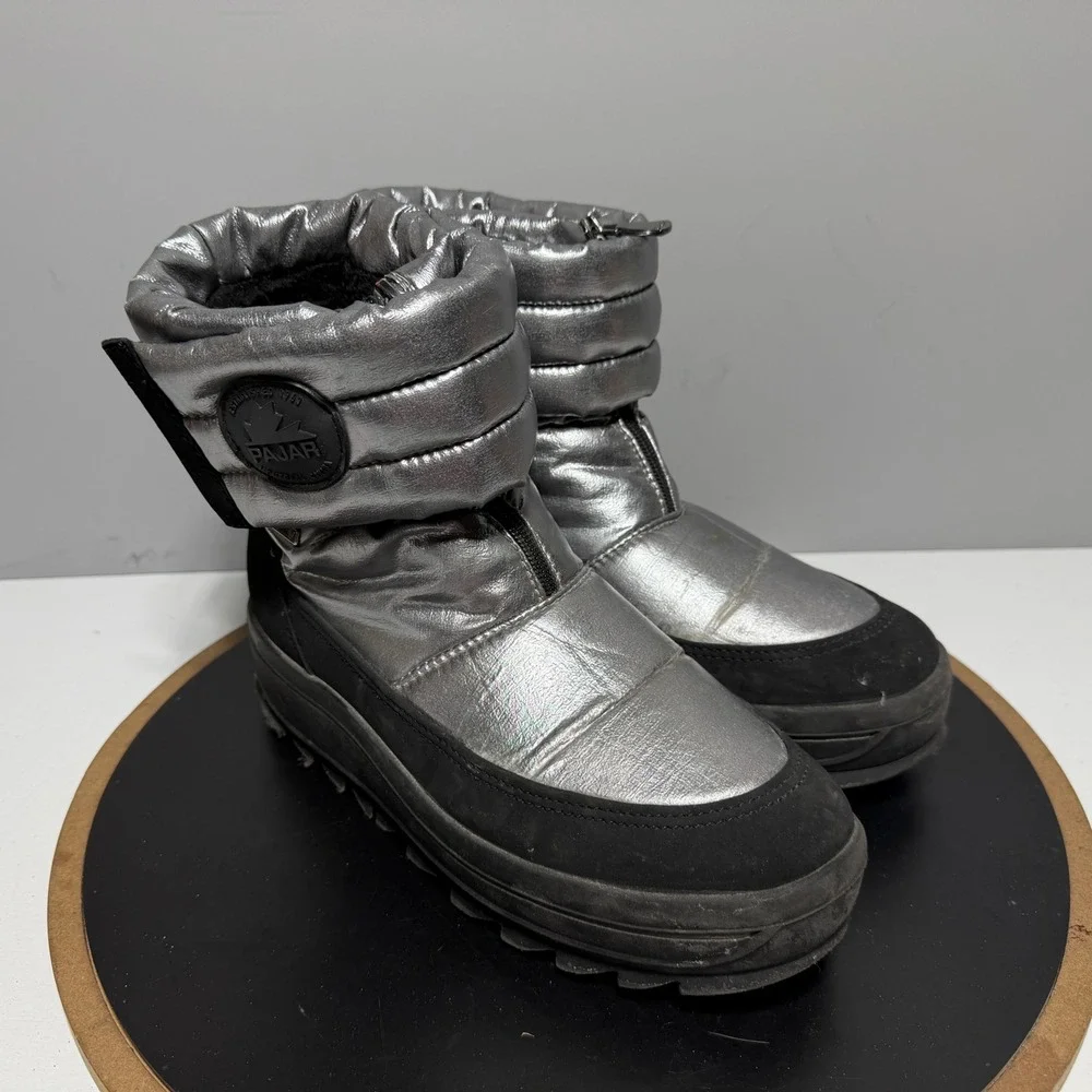 Pajar Metallic Puffer Snow Boots Women Size 9.5 Winter Zip Silver Black Gorpcore